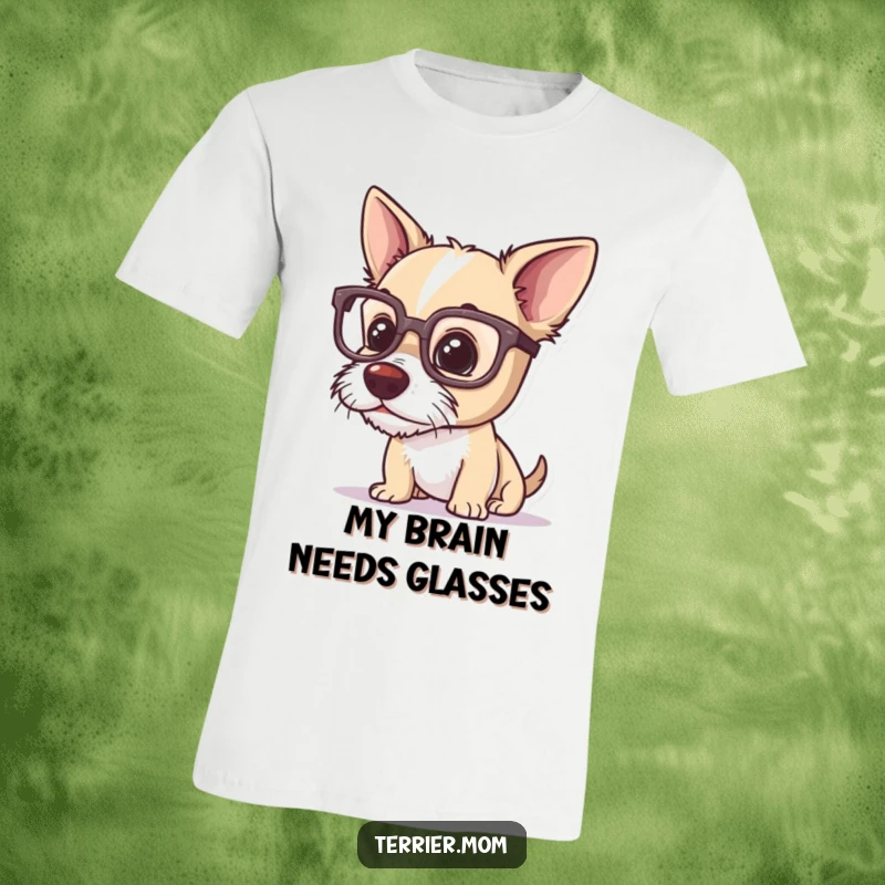 Funny terrier t-shirt, a dog sporting large glasses, intently examining a tiny object with a curious and studious expression.
