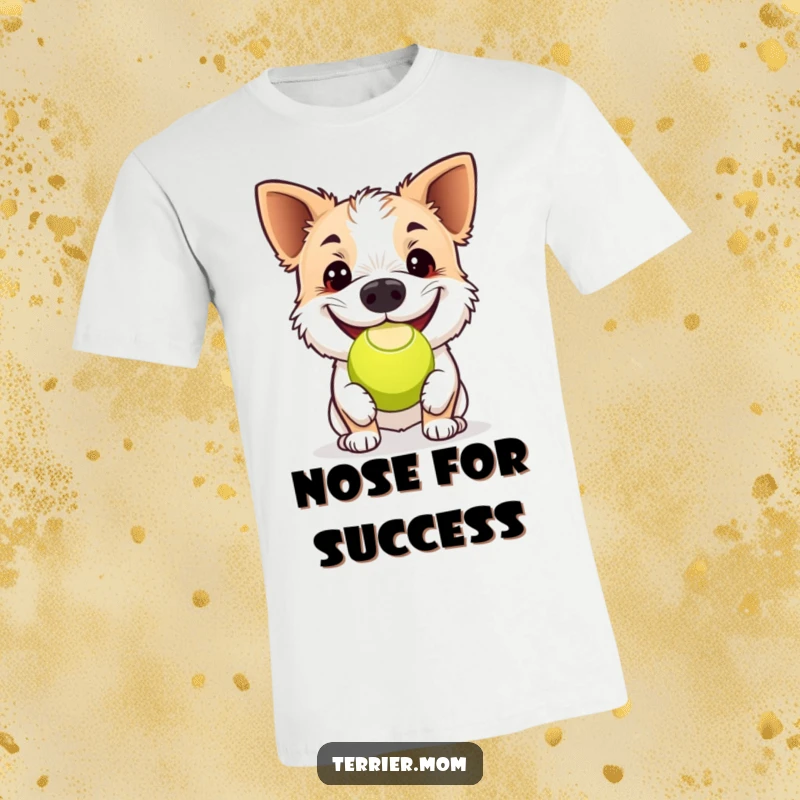 Funny terrier t-shirt, a happy dog using its nose to bounce a tennis ball, radiating pure fun and a wide, joyful smile.