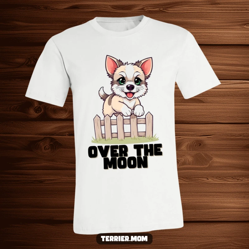 Funny leaping terrier T-shirt depicting a happy dog energetically clearing a small fence.