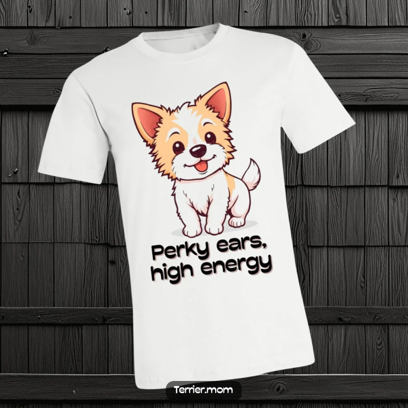 Funny Kawaii Terrier T-Shirt: A dog with perky ears energetically wagging its tail, embodying boundless joy and excitement.