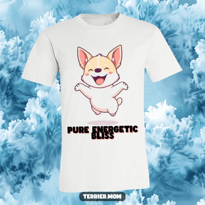 Funny t-shirt featuring a small, energetic dog with pointed ears joyfully jumping with enthusiastic abandon.