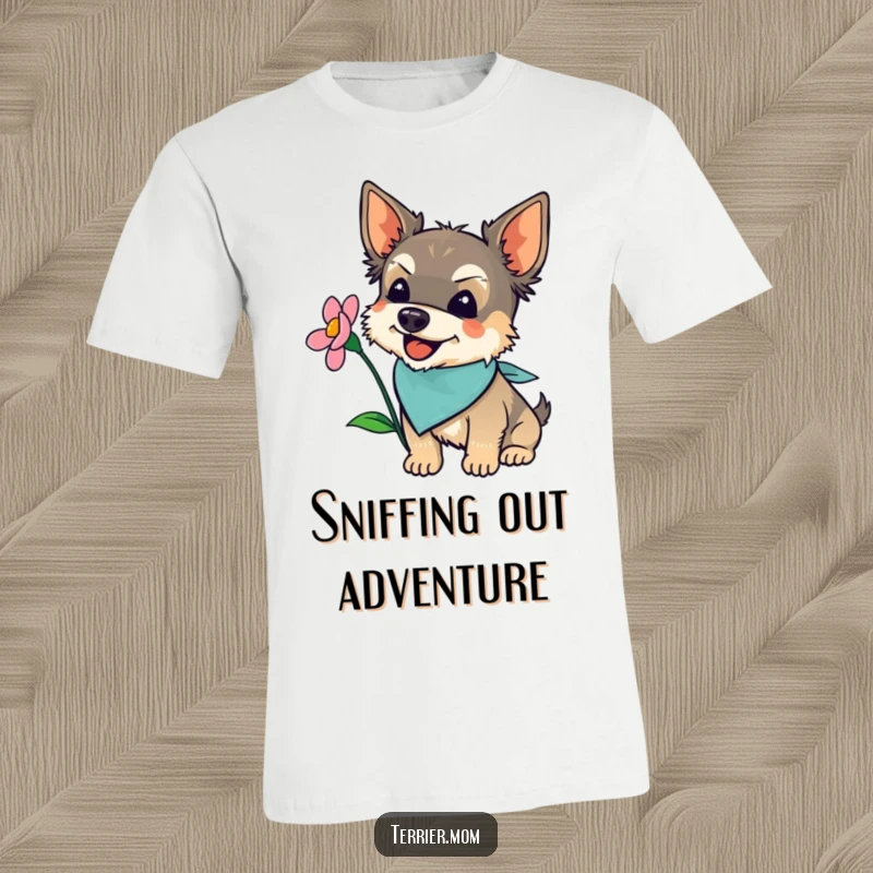 Funny terrier dog wearing a bandana, joyfully sniffing a colorful blooming flower, printed on a comfortable t-shirt.
