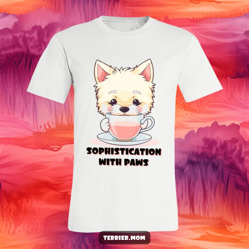 Funny T-shirt depicting a serene Terrier dog delicately sipping from a miniature teacup, exuding calmness and refined leisure.