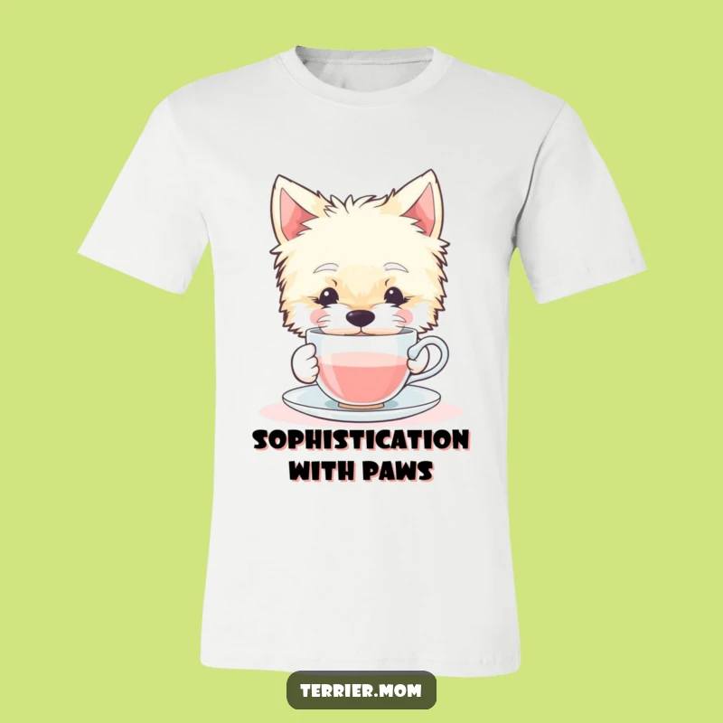 Funny Terrier Dog T-Shirt: Contented Sips Tiny Tea Cup Graphic Tee Gift