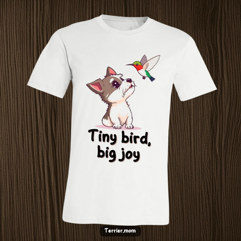 Funny t-shirt with a delighted terrier looking up in surprise at a hovering hummingbird, perfect for pet lovers and nature fans.