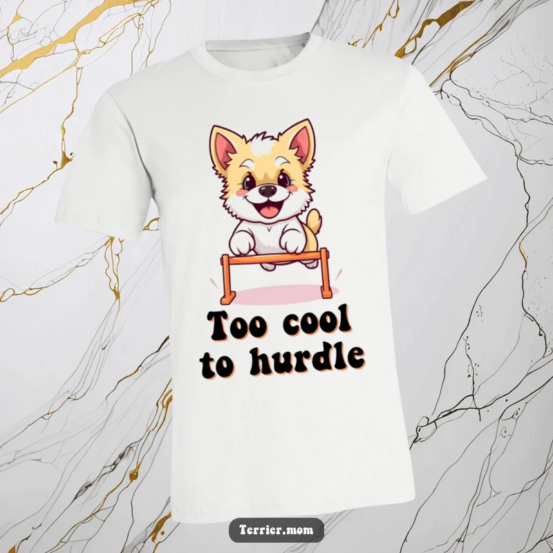 Funny Kawaii Terrier dog t-shirt, depicted in a dynamic pose, leaping over a hurdle with sheer happiness and playful energy.