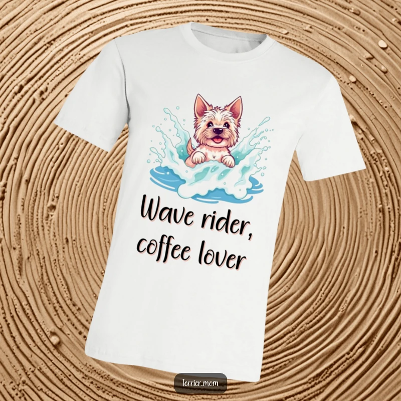 Funny terrier t-shirt featuring a dog joyfully splashing in a foamy ocean wave, capturing the essence of beachside play.