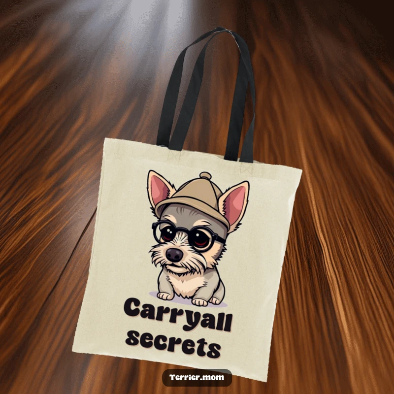 Funny detective terrier tote bag showing a dog in a tiny hat, closely examining something, perfect for stylish and humorous carrying.