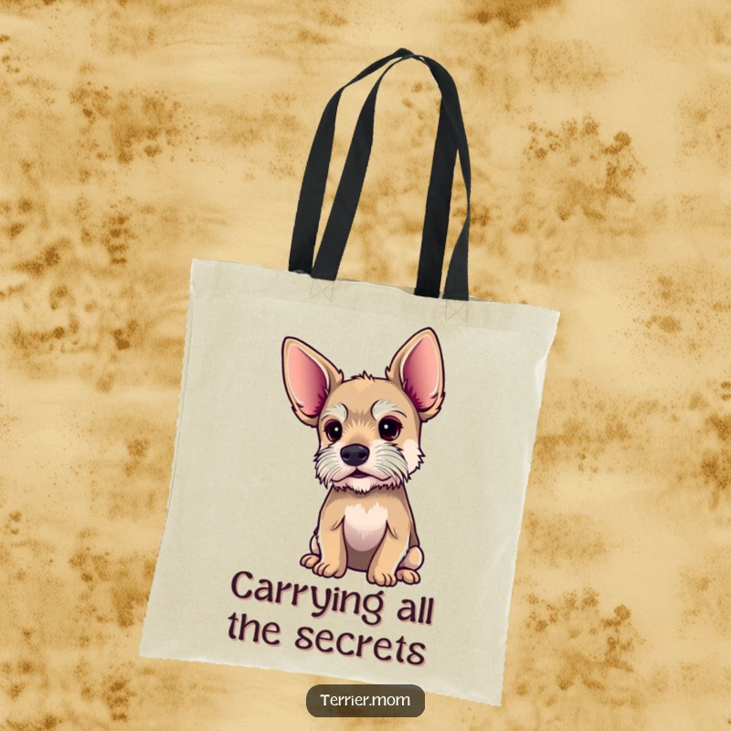 Funny terrier tote bag featuring a dog with oversized ears, intently listening, perfect for carrying necessities.