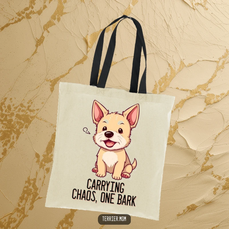 Funny terrier tote bag featuring a dog barking from a speech bubble, a charming and humorous accessory for carrying essentials with a laugh.