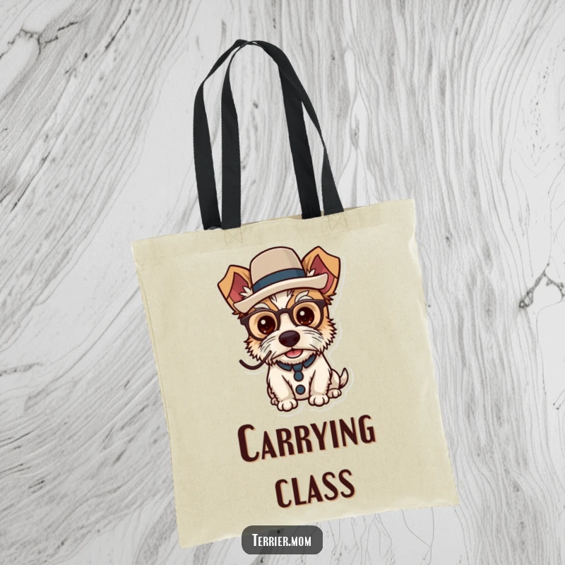 Funny dapper terrier tote bag featuring a dog wearing a monocle and a top hat.