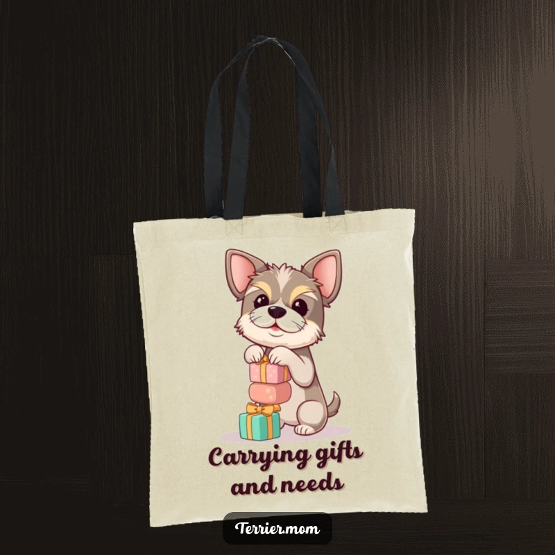 Funny terrier tote bag showing a dog balancing a stack of round gifts, perfect for a stylish and humorous carry-all.