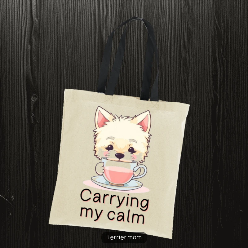 Funny tote bag showcasing a calm Terrier dog elegantly sipping from a small teacup, celebrating moments of peaceful indulgence.