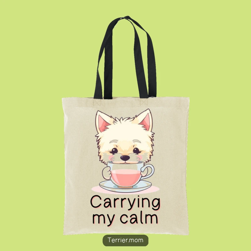 Funny Terrier Dog Tote Bag: Contented Sips Tiny Teacup Carryall Gift