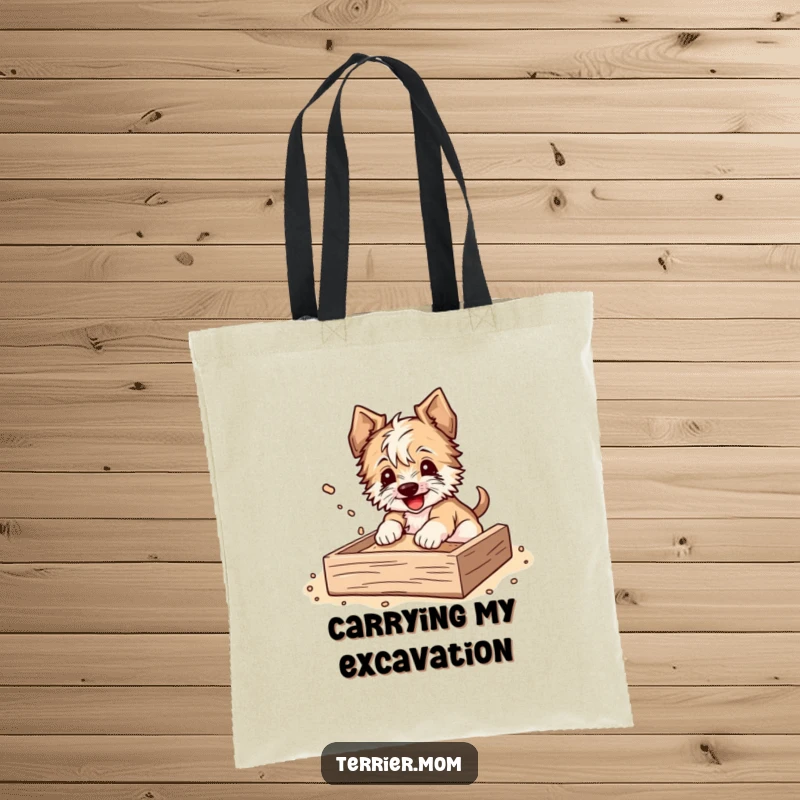 Funny Tote Bag featuring a terrier happily digging in a sandbox, dirt flying, a symbol of joyful play.