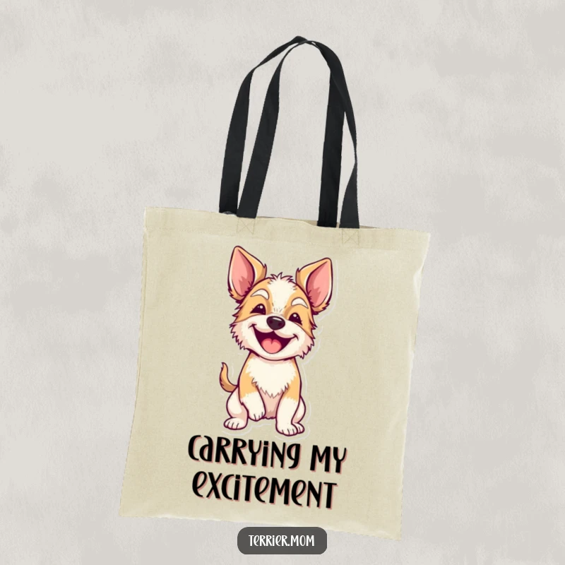 Funny terrier with floppy ears wiggling its whole body on a durable tote bag, perfect for carrying doggy essentials and smiles.