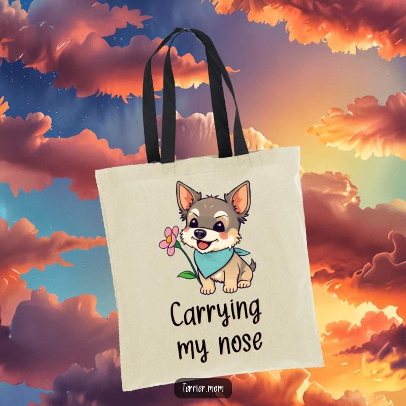 Funny terrier with bandana sniffing a flower, perfect for a reusable tote bag, carrying groceries or books.