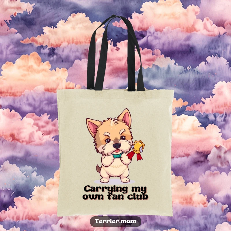 Funny terrier tote bag, a dog taking a dramatic bow with a proud and hilarious expression, ready for an imaginary encore.