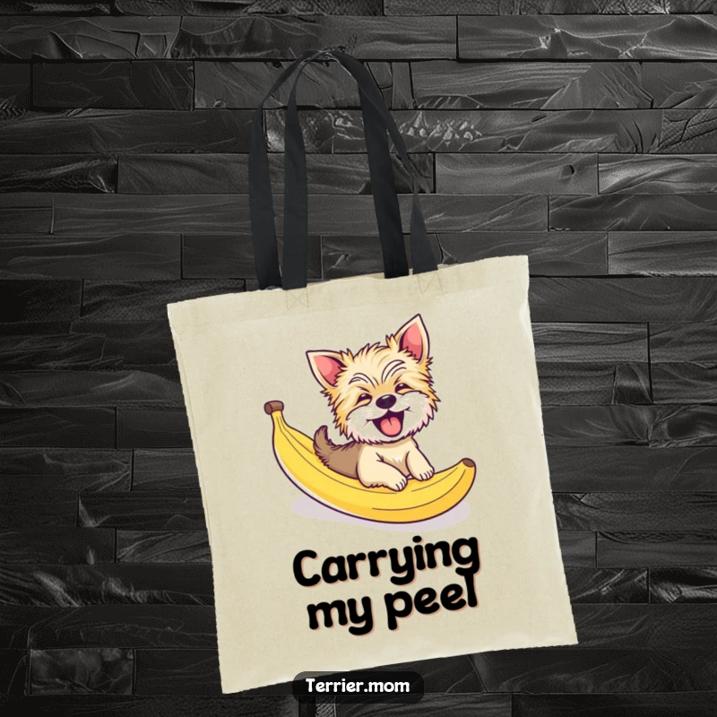 Funny tote bag with a giggling Terrier dog taking a wild slide down a banana peel, a humorous and eye-catching accessory.