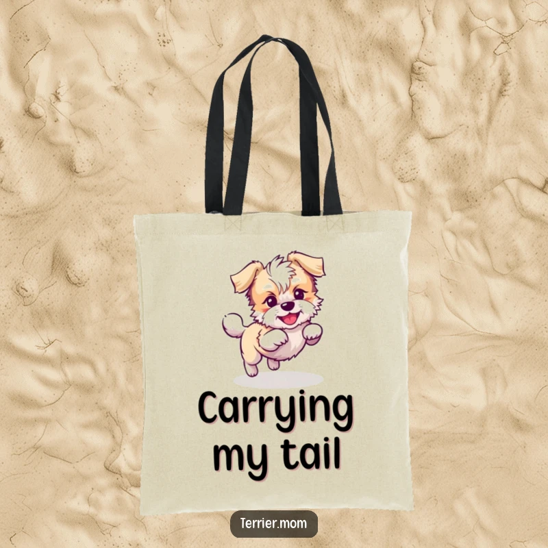 Funny Kawaii Terrier dog tote bag, durable and spacious, featuring a playful dog chasing its tail in circles, perfect for everyday use.