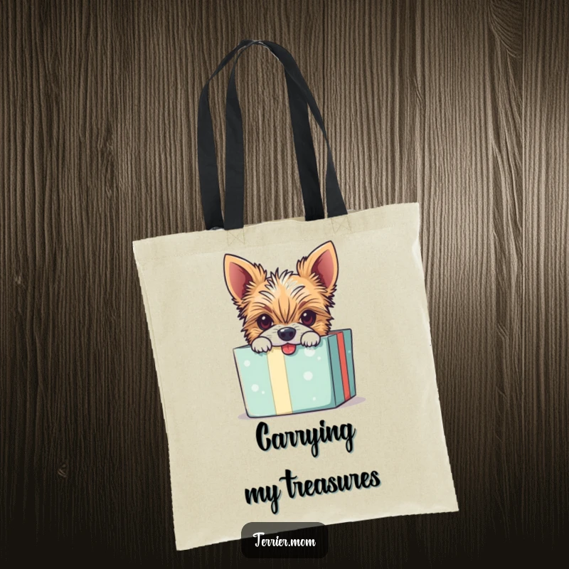Funny tote bag illustration of a mischievous Terrier dog peeking out from a gift box with a playful grin.