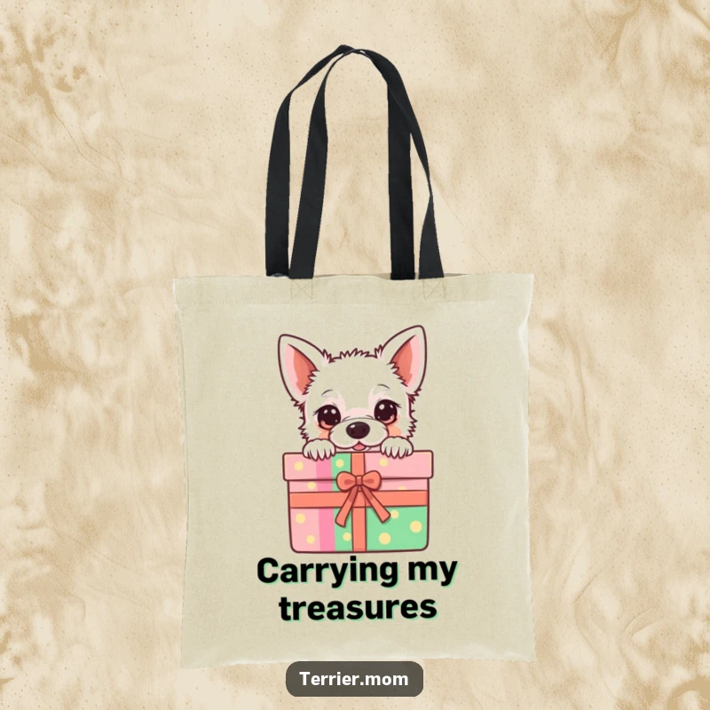 Funny Tote Bag featuring a kawaii terrier peeking from a colorful gift box, a cute and functional accessory.