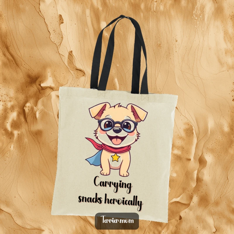 Funny Tote Bag with a smiling terrier wearing a superhero cape, a loyal protector ready for any task.