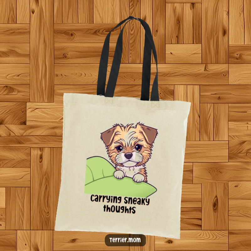 Funny tote bag depicting a tousled dog peeking with shy curiosity from behind a large leaf.
