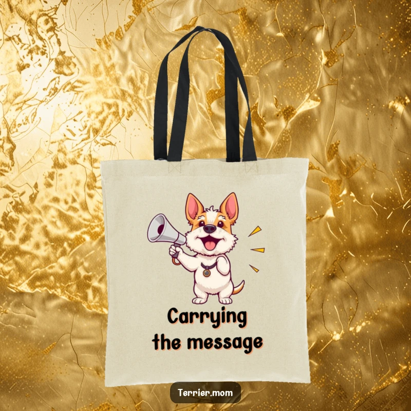 Funny tote bag depicting an enthusiastic terrier waving a miniature shiny megaphone, perfect for carrying messages and essentials.