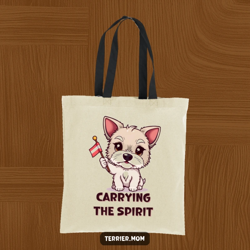 Funny Terrier tote bag, proud dog, flag waving, patriotic pet accessory, humorous accessory, ideal funny gift.