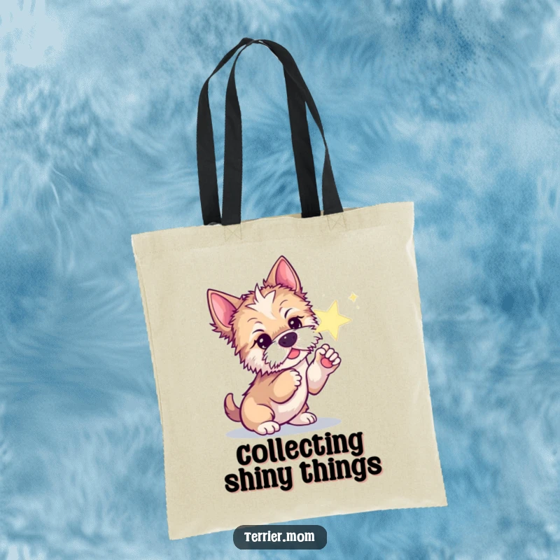 Funny tote bag illustration of a curious Terrier dog poking a sparkling star with its paw.