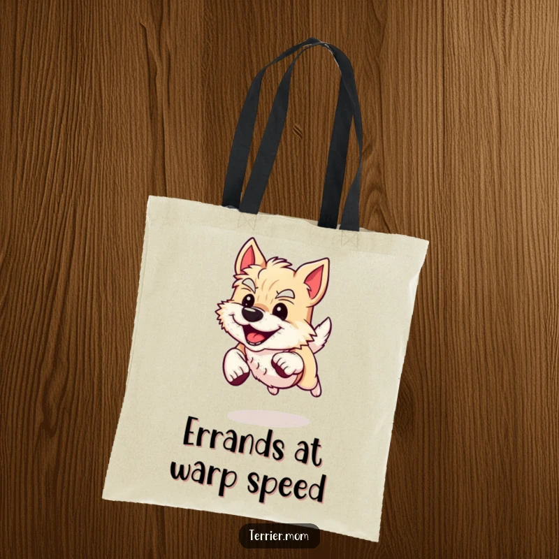 Funny Tote Bag showcasing an energetic Terrier dog sprinting with a determined, happy grin, ideal for carrying essentials with flair.