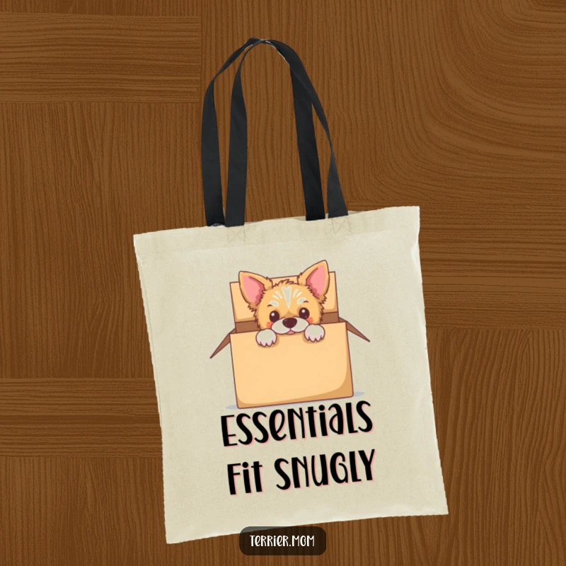 Funny tote bag showing a terrier peeking out from an empty cardboard box, hinting at hidden fun.