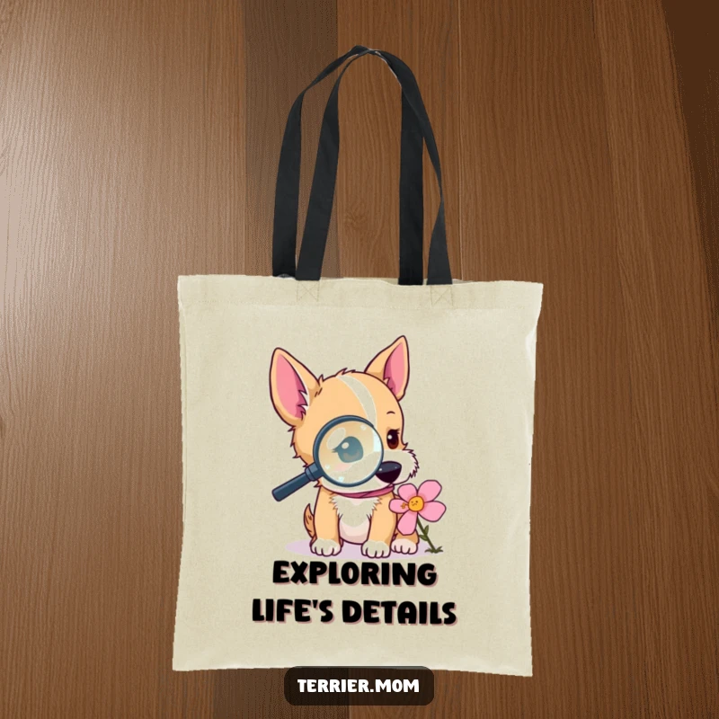 Funny terrier tote bag with a dog using a magnifying glass to inspect a flower, perfect for carrying items with a curious and humorous touch.