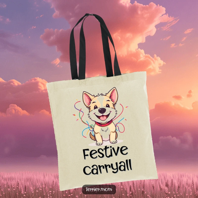 Funny tote bag depicting a grinning terrier holding colorful streamers, perfect for carrying party supplies or daily essentials.