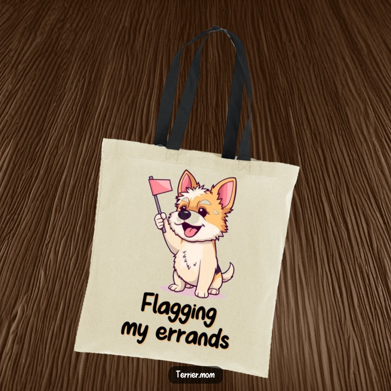 Funny tote bag with a cheerful Terrier dog proudly waving a small flag, showcasing its enthusiastic and celebratory nature.