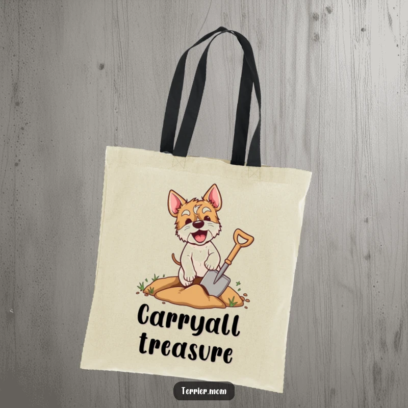 Funny terrier tote bag depicting an excited dog digging with a shovel, perfect for stylish and humorous everyday carrying.