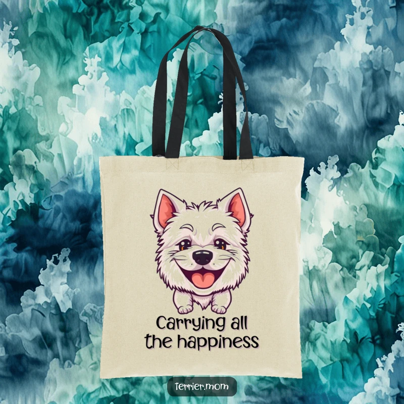 Funny tote bag with a joyful terrier expressing its massive, goofy, panting grin, ideal for carrying laughs.
