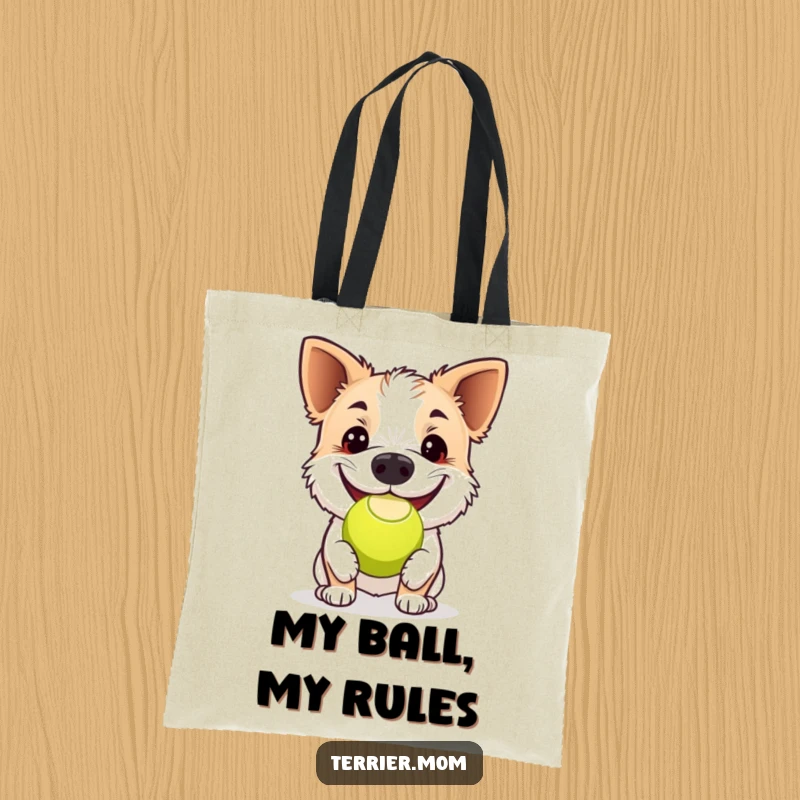 Funny terrier tote bag, a dog enthusiastically playing tennis ball with its nose, featuring a wide, infectious grin and joyful spirit.
