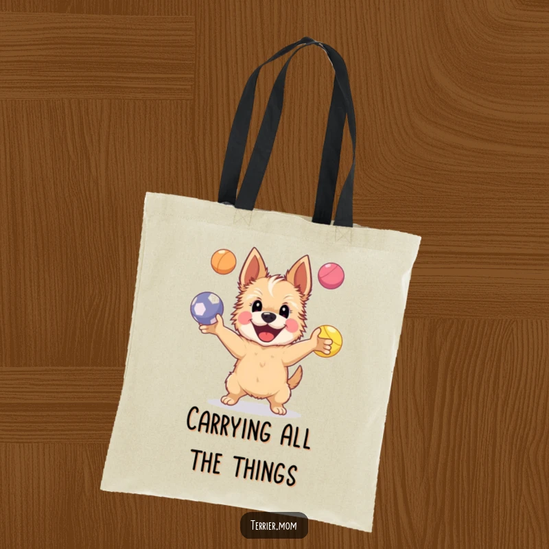 Funny Tote Bag featuring a happy Terrier dog juggling four bright bouncing balls, perfect for carrying items with whimsical flair.