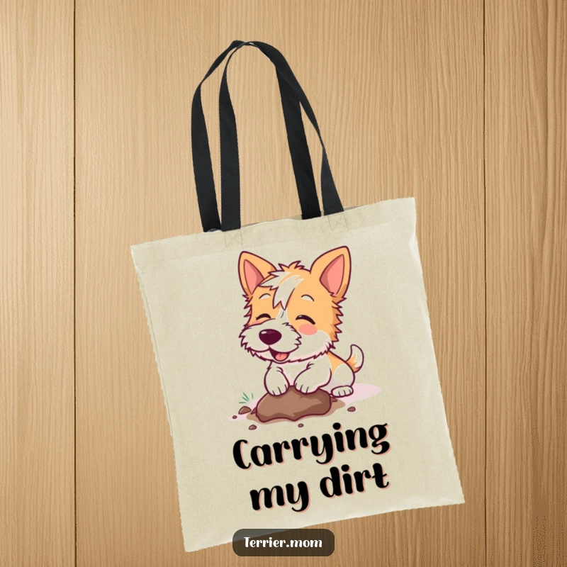 Funny Kawaii Terrier dog tote bag, durable and spacious, featuring a dog happily digging a hole, perfect for shopping and daily use.