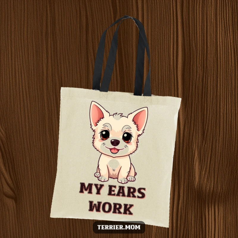 Funny Kawaii Terrier dog tote bag, durable and stylish, featuring an alert, happy dog with pointed ears, perfect for daily use.