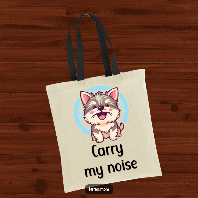 Funny Kawaii Terrier Dog Tote Bag featuring a cute dog whose cheerful bark is visualized as a sound wave, practical and loud.