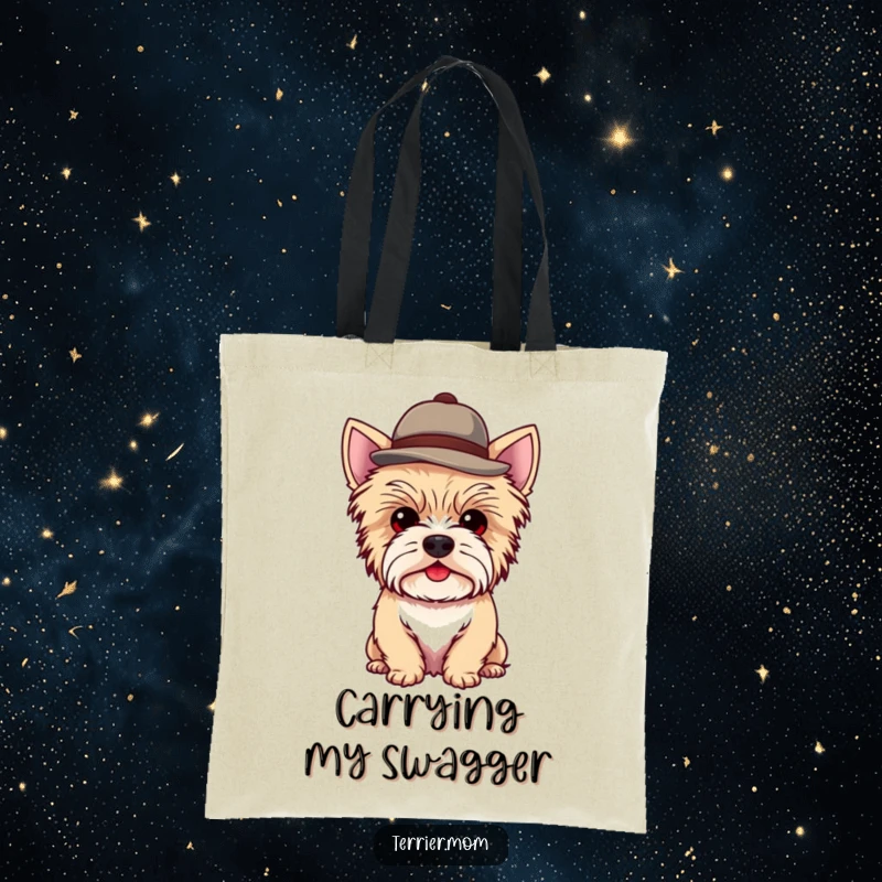 Funny Kawaii Terrier Dog Tote Bag featuring a cute dog wearing a small, jaunty hat, practical and stylish.
