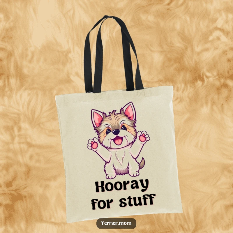 Funny Kawaii Terrier dog tote bag, showing the cute pup with paws up in a classic hooray pose, ready for errands and cheers.