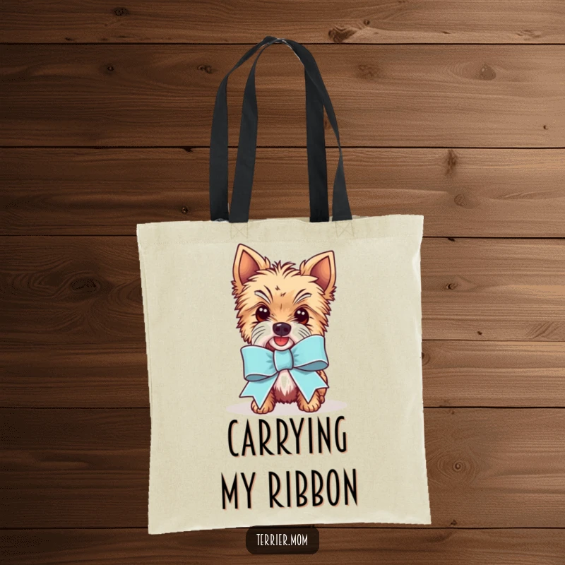 Funny Kawaii Terrier dog tote bag, showing the cute pup adorned with an enormous, eye-catching celebration ribbon, ready for adventures.