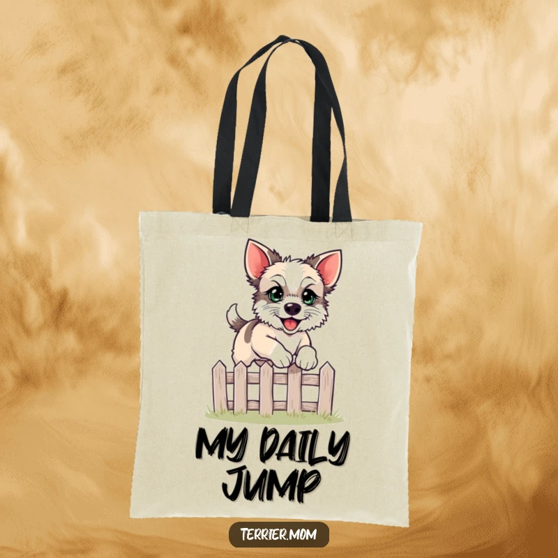 Funny leaping terrier tote bag featuring a bright-eyed dog happily clearing a fence.