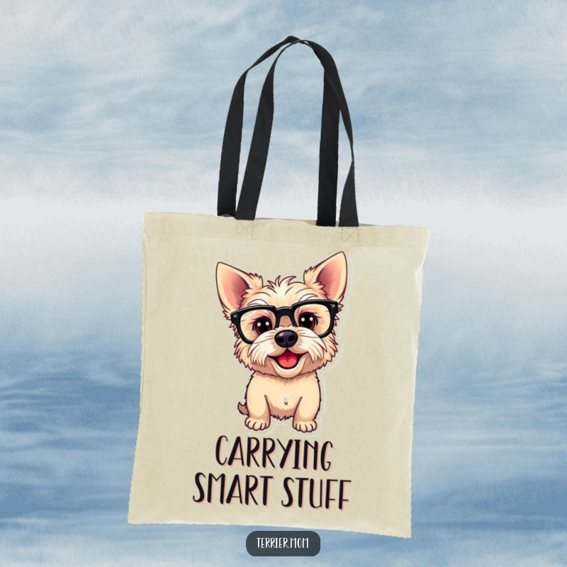 Funny Tote Bag showcasing a playful Terrier dog wearing funny glasses and tilting its head, ideal for carrying essentials with intellectual charm.