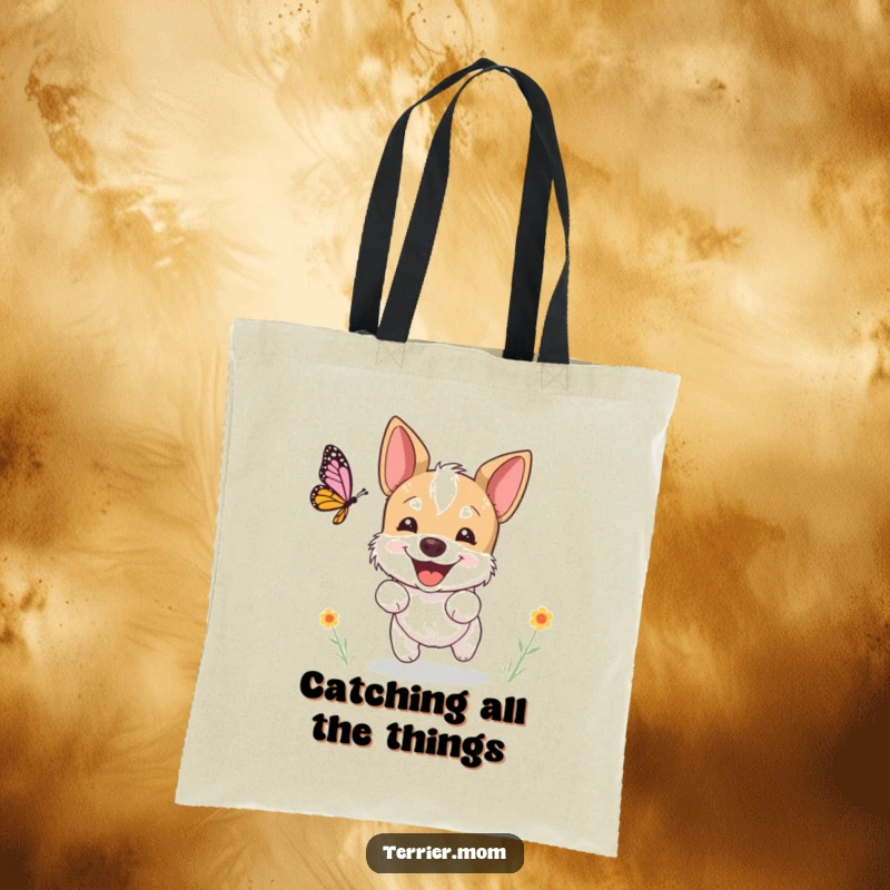 Funny terrier tote bag, a dog excitedly chasing a butterfly with a happy expression, perfect for shopping and as a funny gift.