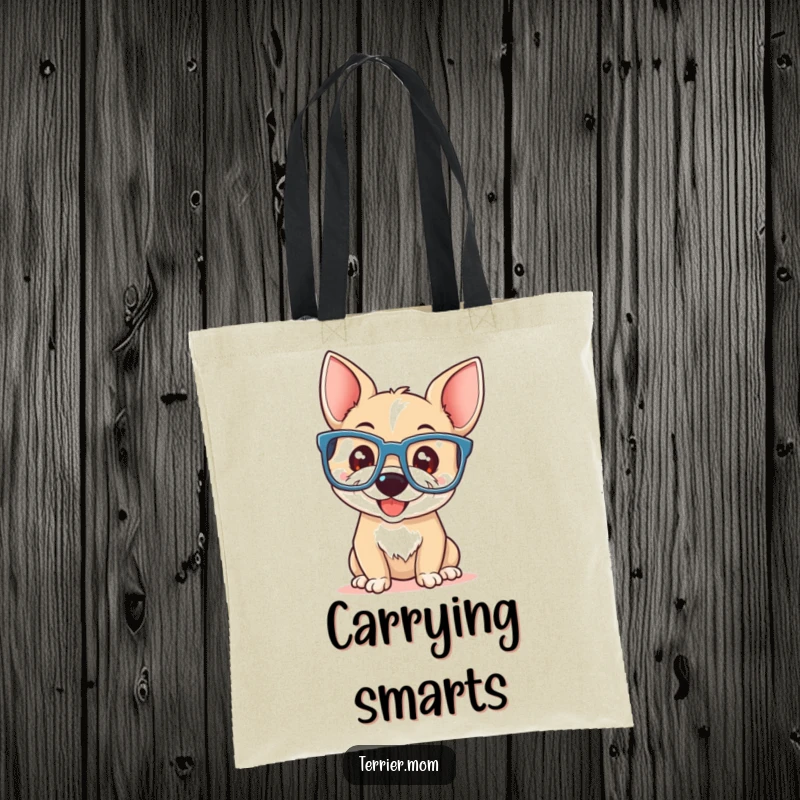 Funny terrier with a playful smile and oversized reading glasses, on a reusable canvas tote bag.
